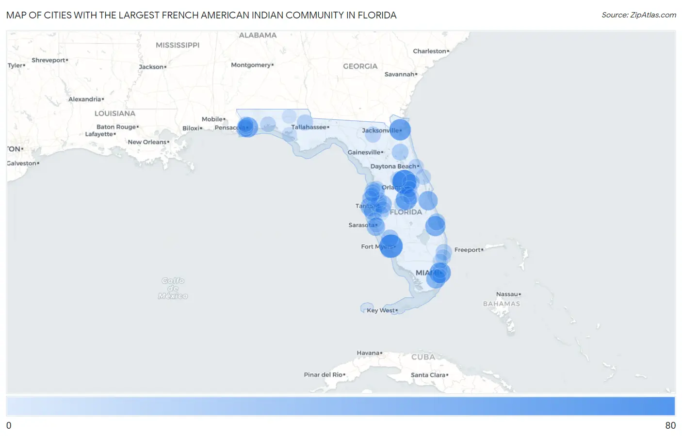 Cities with the Largest French American Indian Community in Florida Map