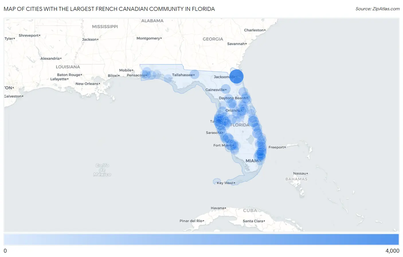 Cities with the Largest French Canadian Community in Florida Map