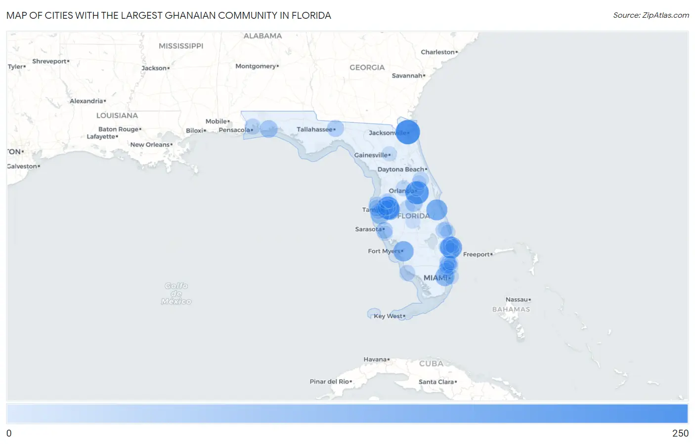 Cities with the Largest Ghanaian Community in Florida Map