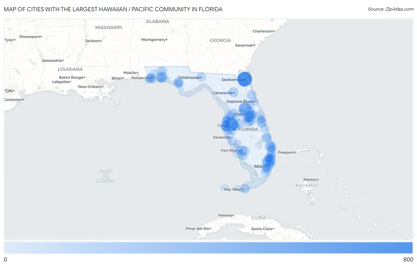 Cities with the Largest Hawaiian / Pacific Community in Florida Map