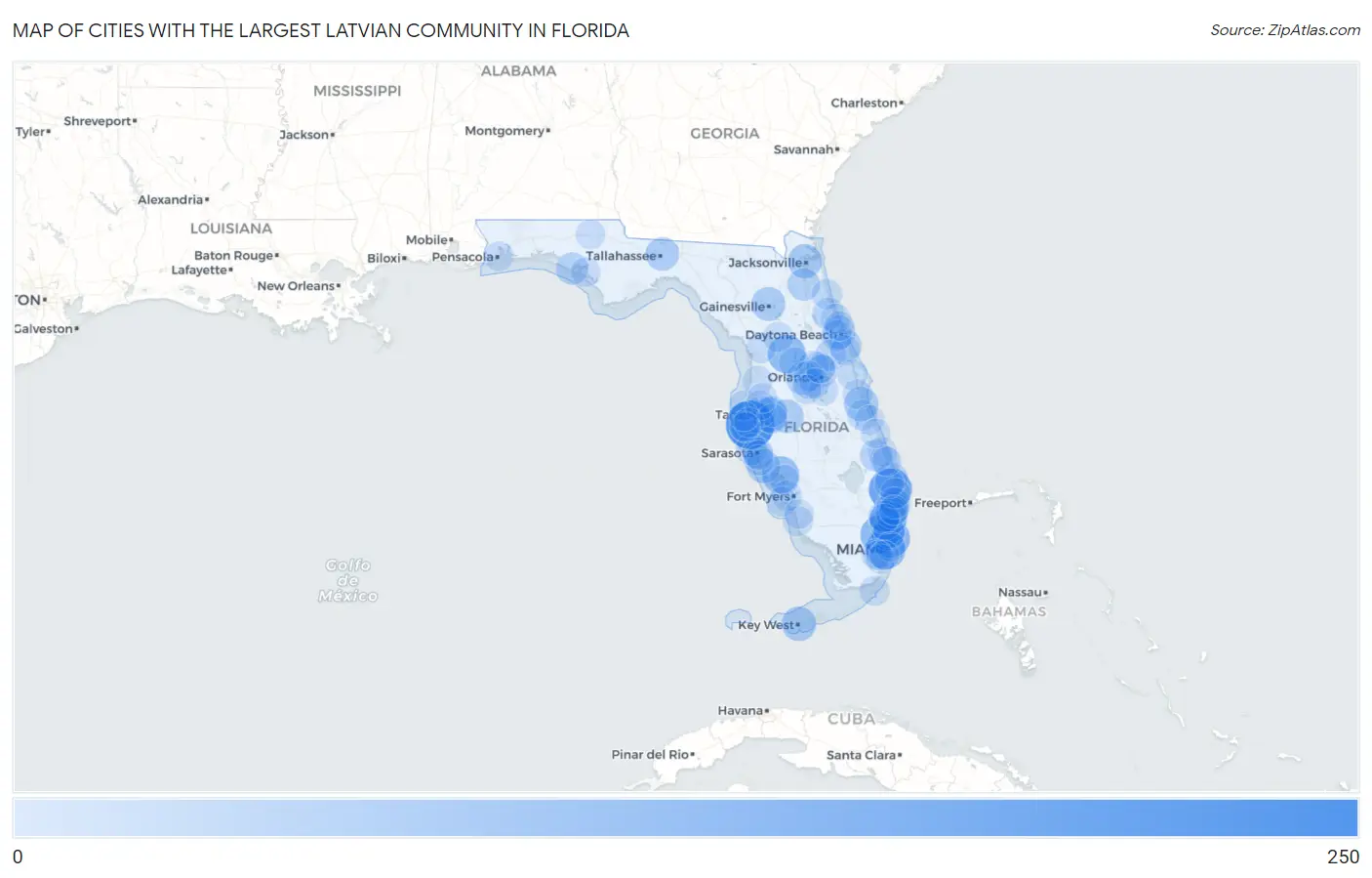 Cities with the Largest Latvian Community in Florida Map