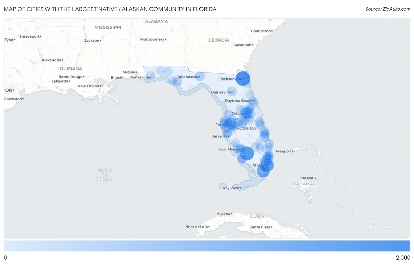 Cities with the Largest Native / Alaskan Community in Florida Map