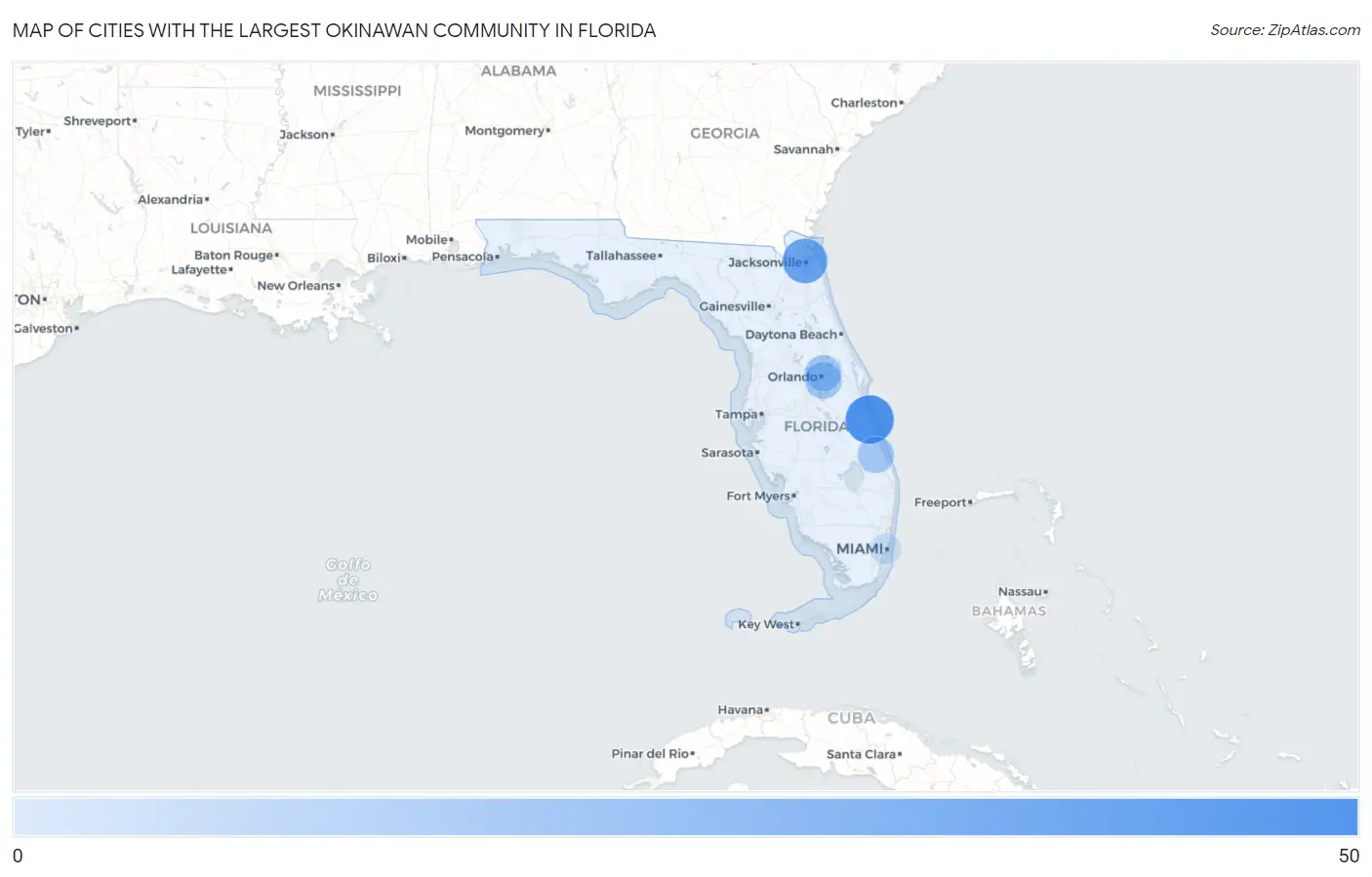Cities with the Largest Okinawan Community in Florida Map