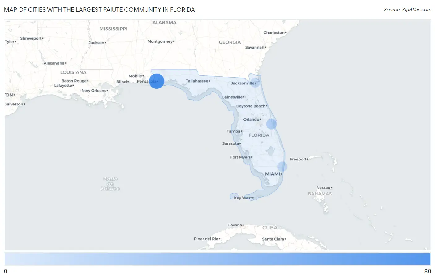 Cities with the Largest Paiute Community in Florida Map