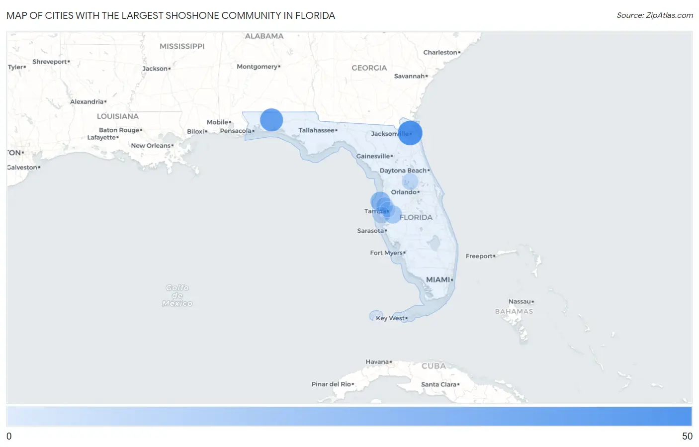 Cities with the Largest Shoshone Community in Florida Map