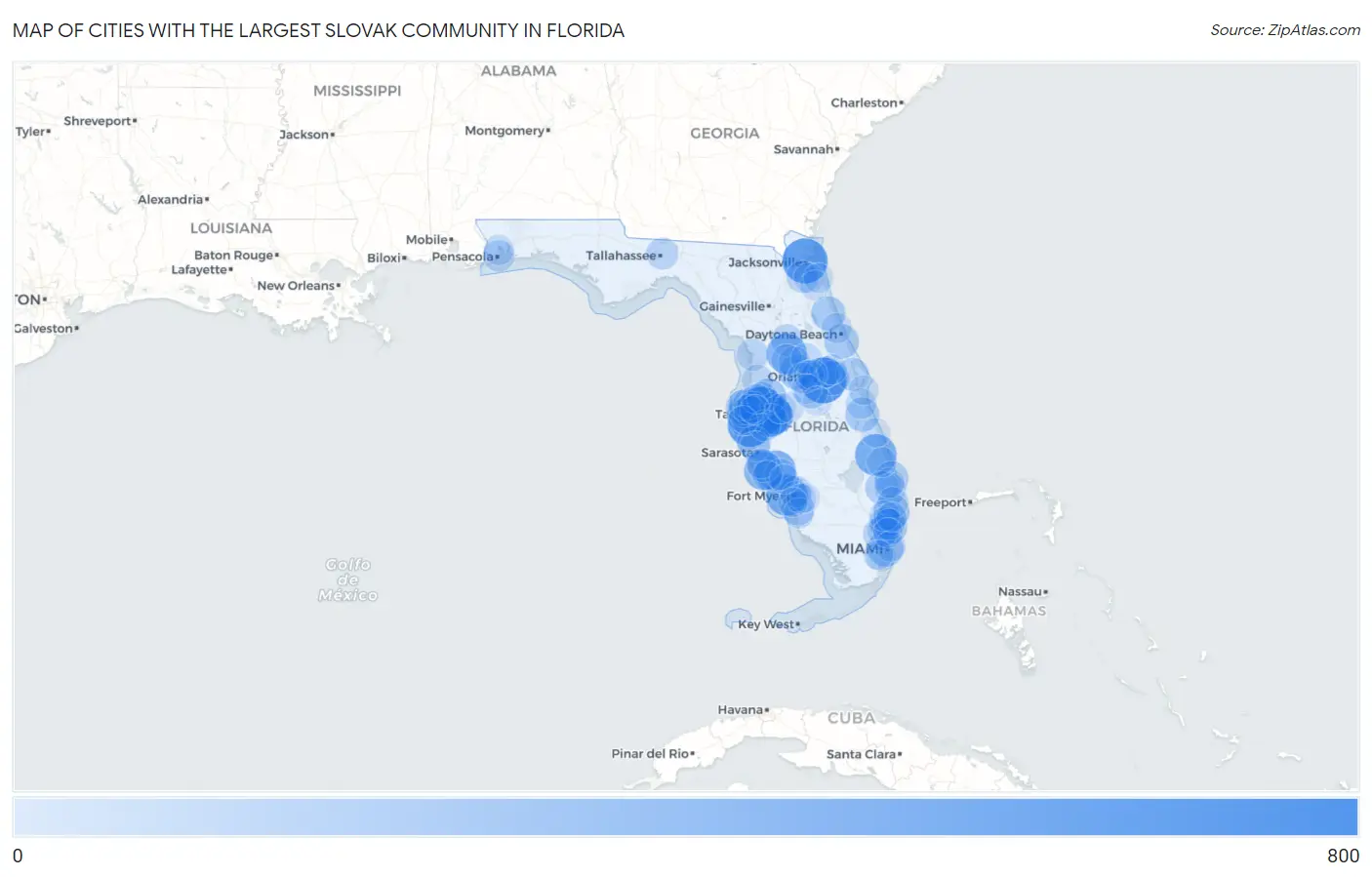 Cities with the Largest Slovak Community in Florida Map