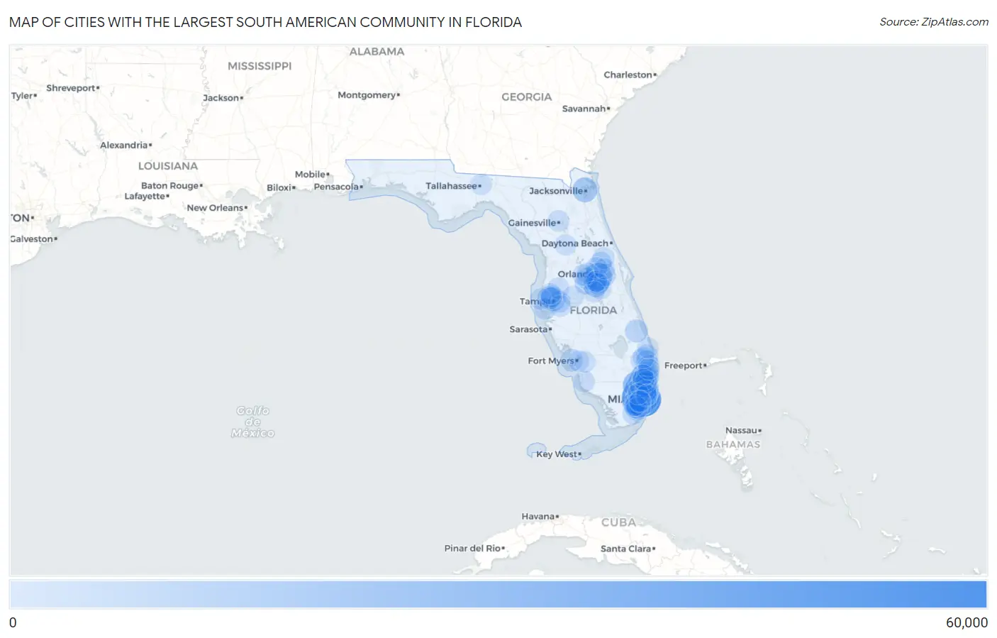 Cities with the Largest South American Community in Florida Map