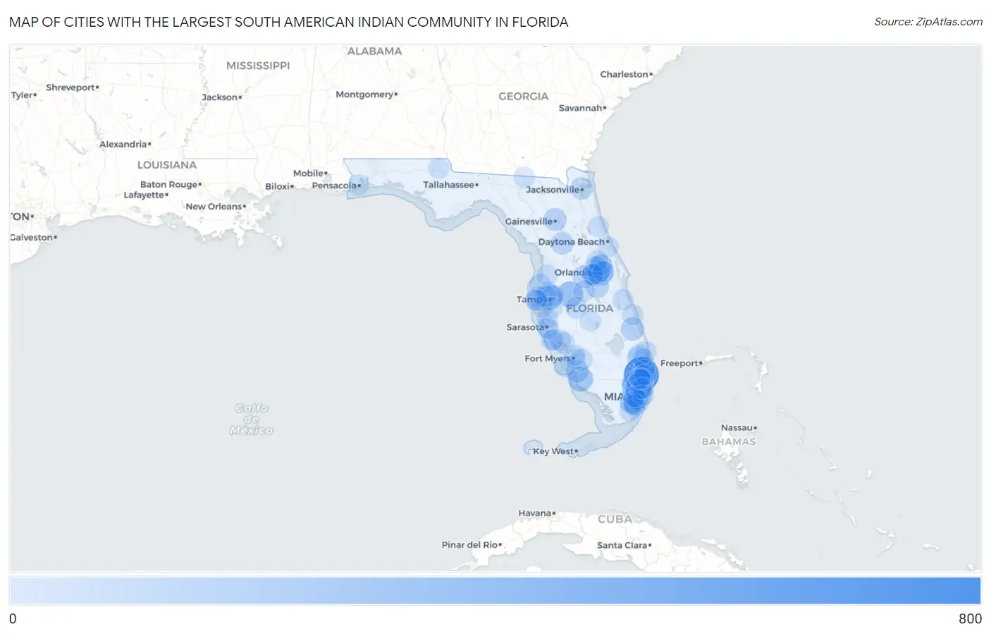 Cities with the Largest South American Indian Community in Florida Map