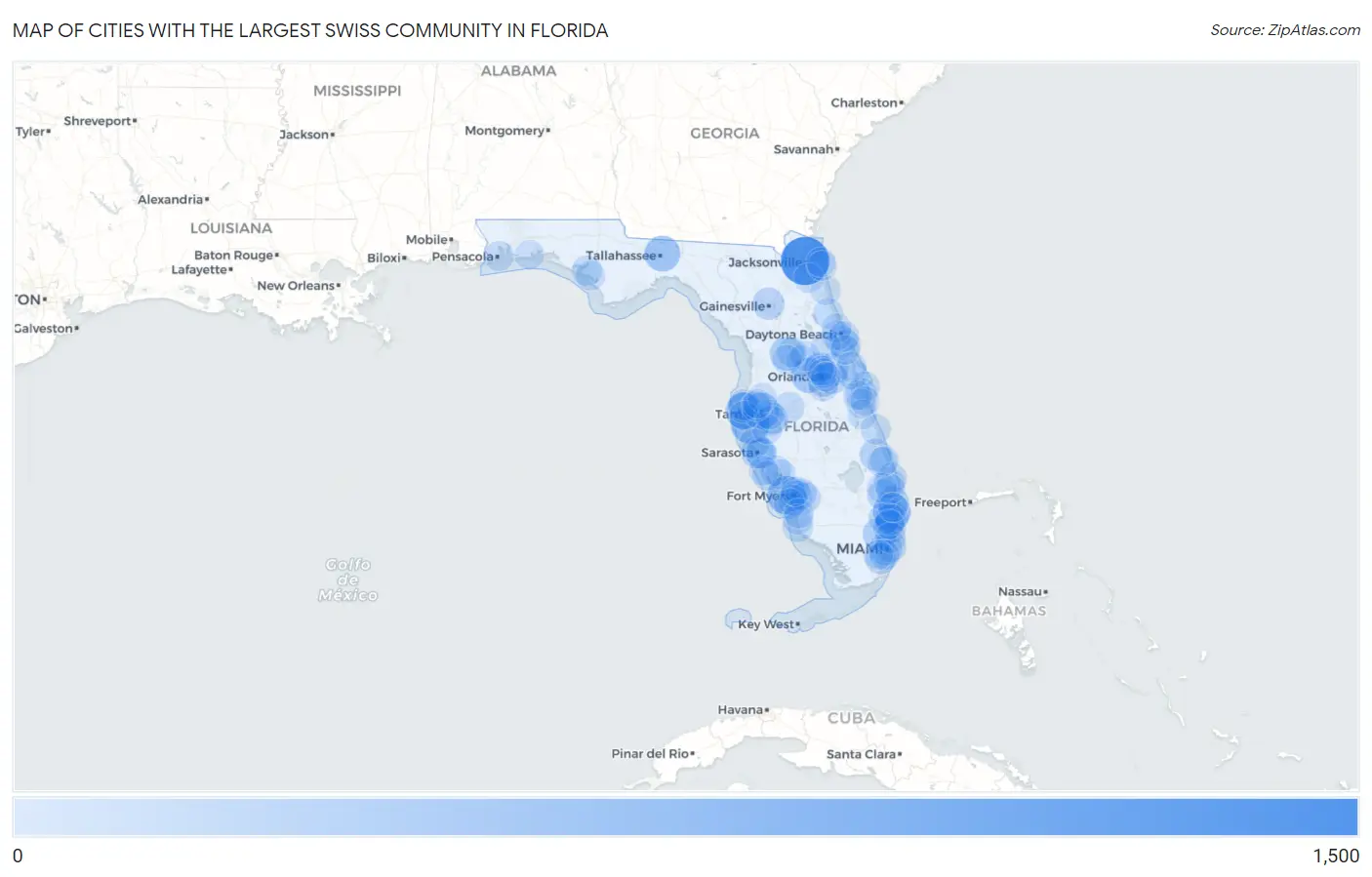 Cities with the Largest Swiss Community in Florida Map