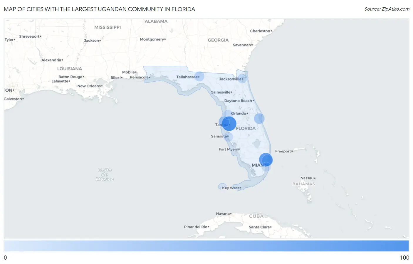 Cities with the Largest Ugandan Community in Florida Map