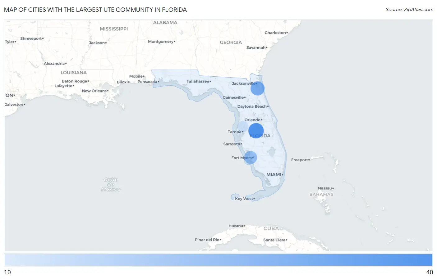 Cities with the Largest Ute Community in Florida Map