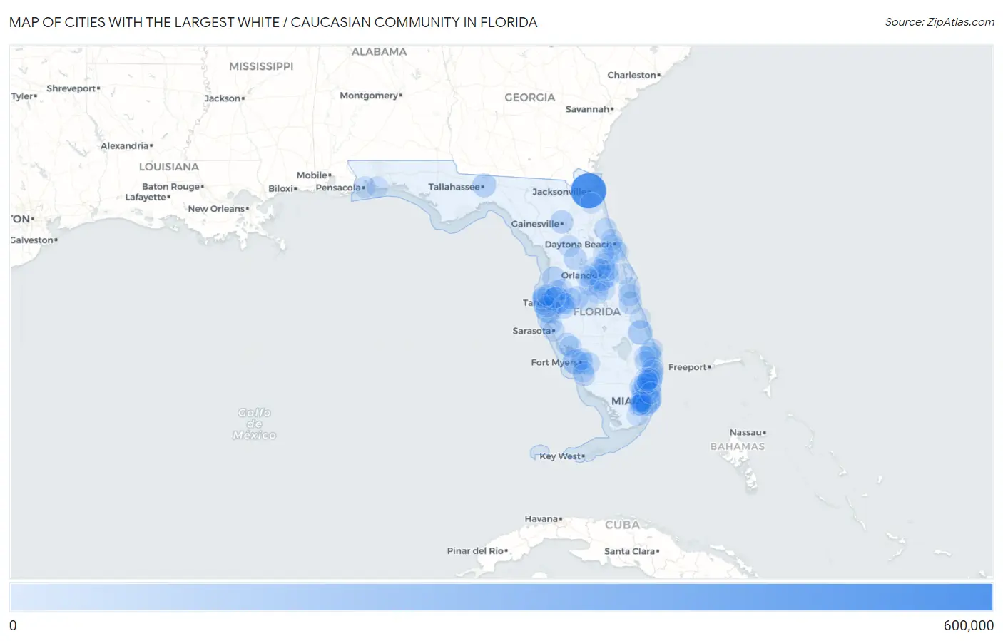 Cities with the Largest White / Caucasian Community in Florida Map