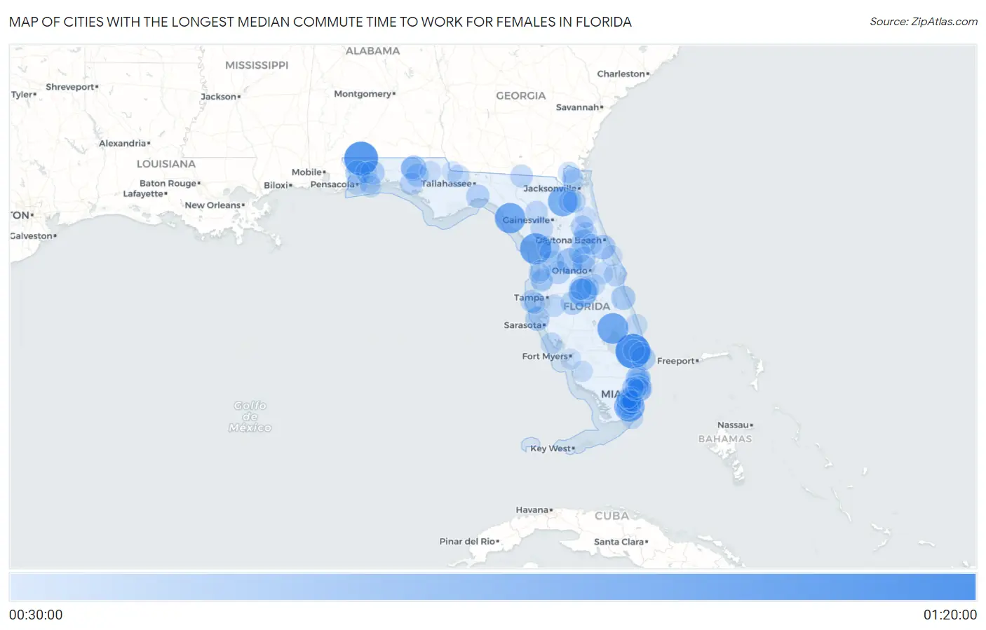 Cities with the Longest Median Commute Time to Work for Females in Florida Map