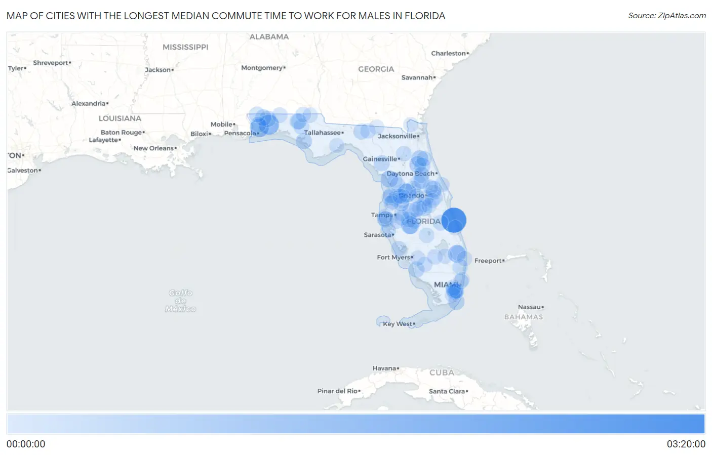 Cities with the Longest Median Commute Time to Work for Males in Florida Map