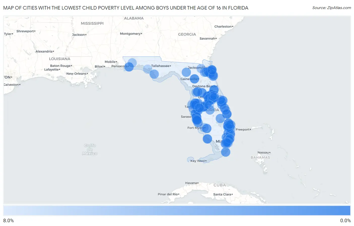 Cities with the Lowest Child Poverty Level Among Boys Under the Age of 16 in Florida Map