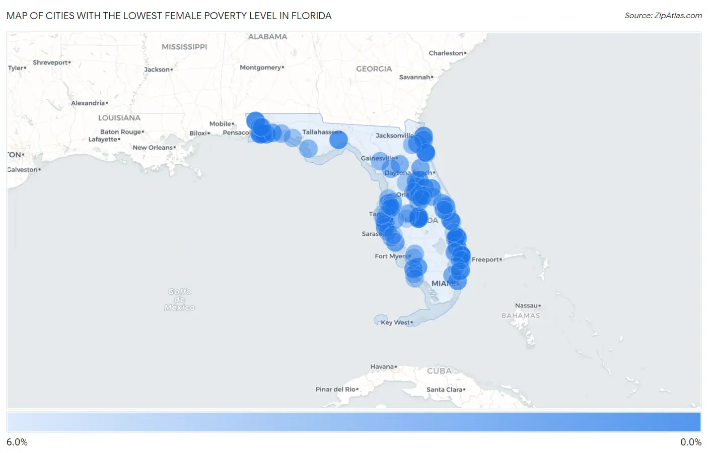 Cities with the Lowest Female Poverty Level in Florida Map