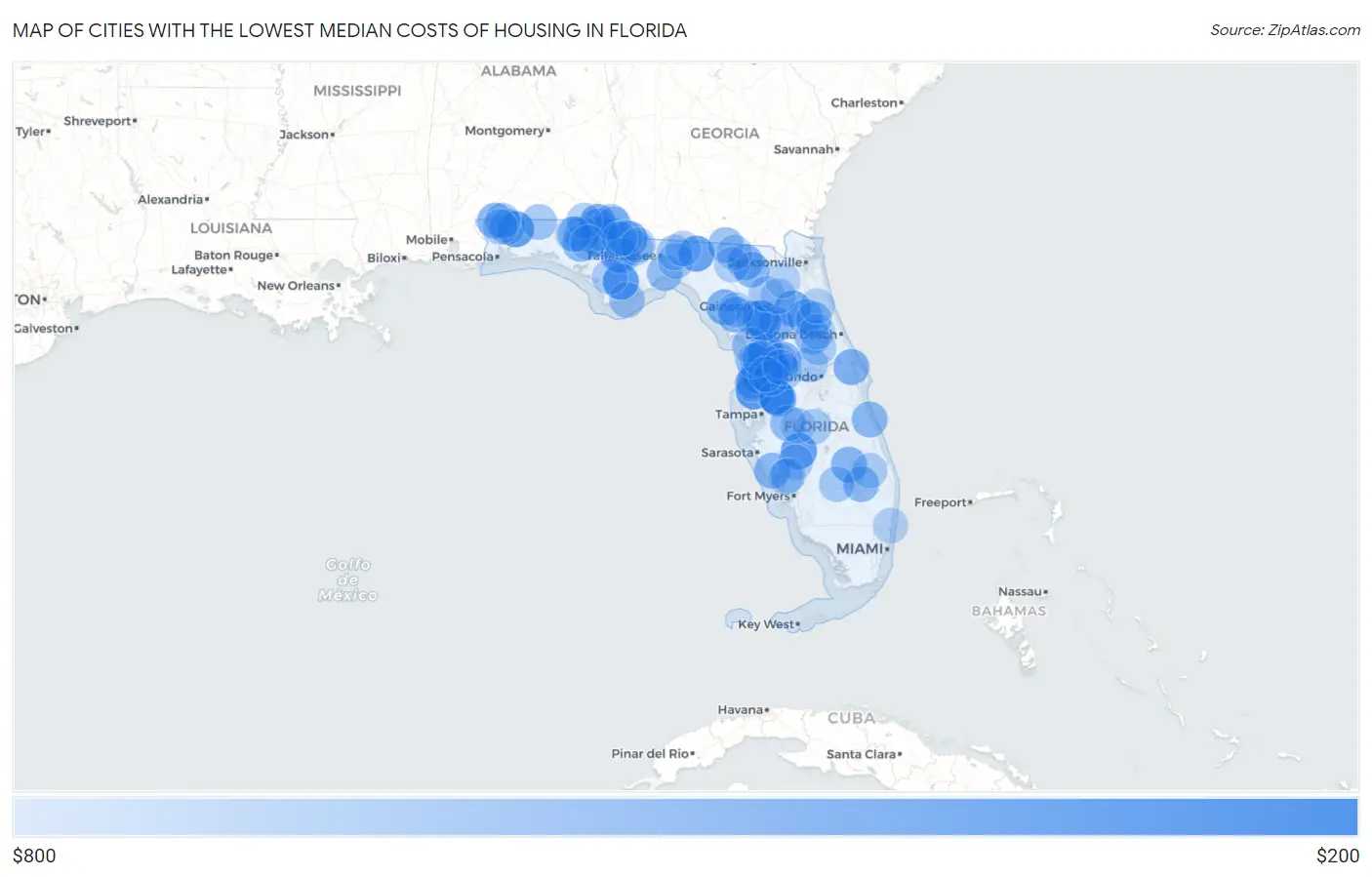 Cities with the Lowest Median Costs of Housing in Florida Map