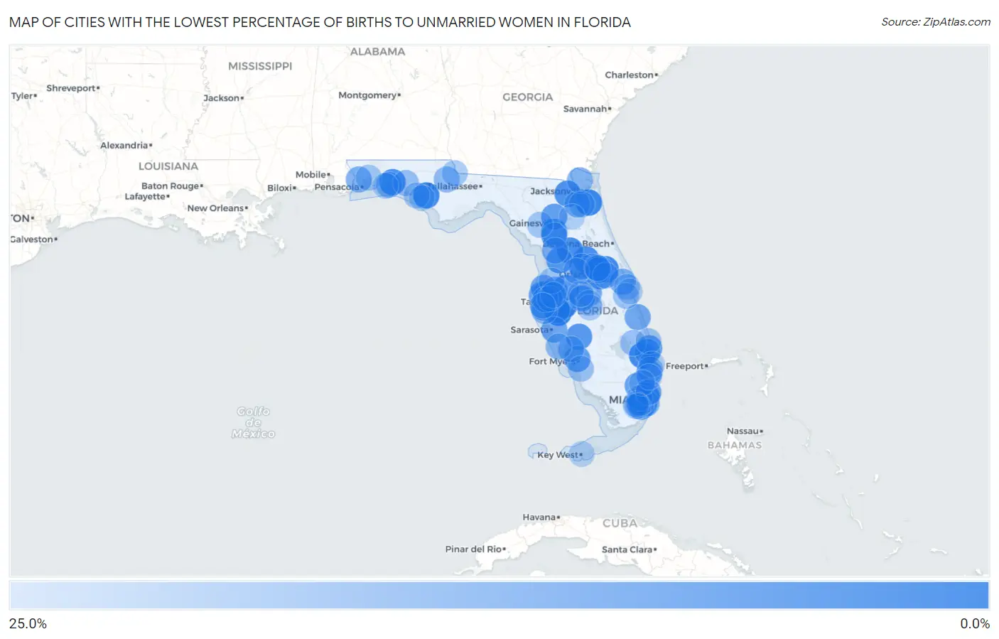 Cities with the Lowest Percentage of Births to Unmarried Women in Florida Map