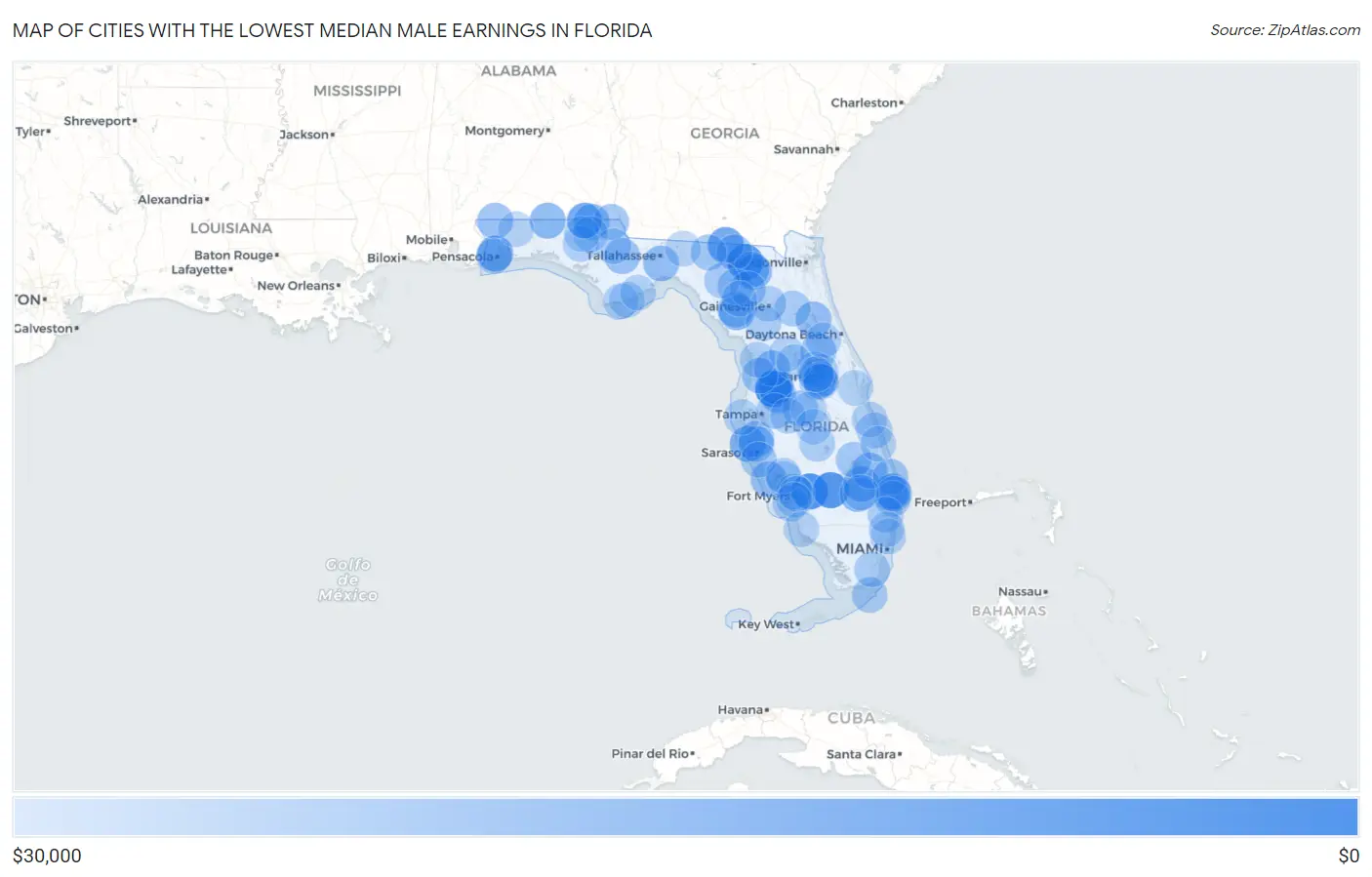 Cities with the Lowest Median Male Earnings in Florida Map
