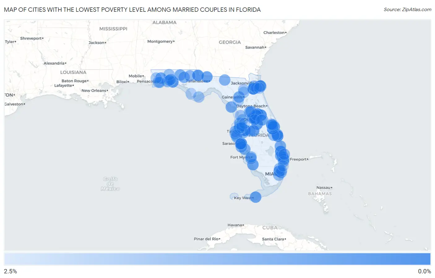 Cities with the Lowest Poverty Level Among Married Couples in Florida Map
