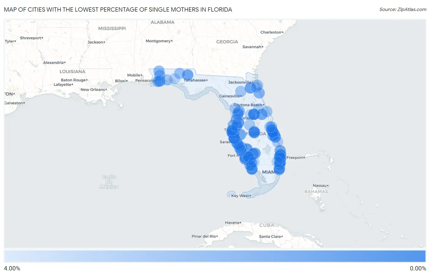 Cities with the Lowest Percentage of Single Mothers in Florida Map