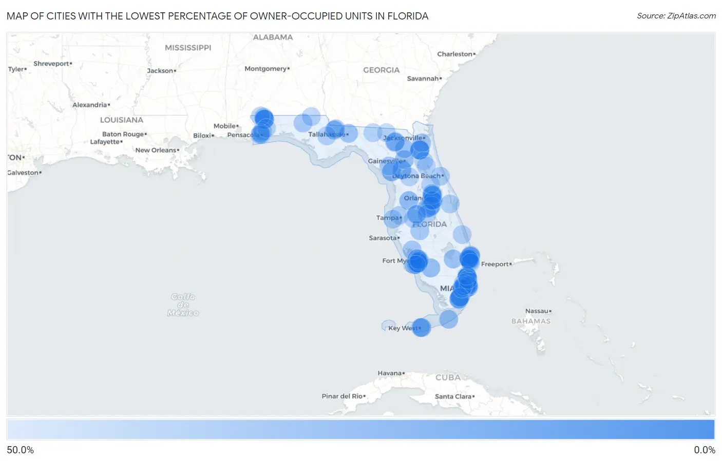 Cities with the Lowest Percentage of Owner-Occupied Units in Florida Map