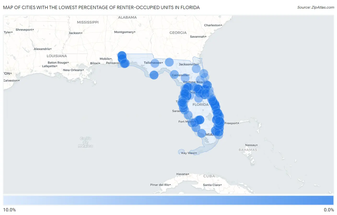Cities with the Lowest Percentage of Renter-Occupied Units in Florida Map