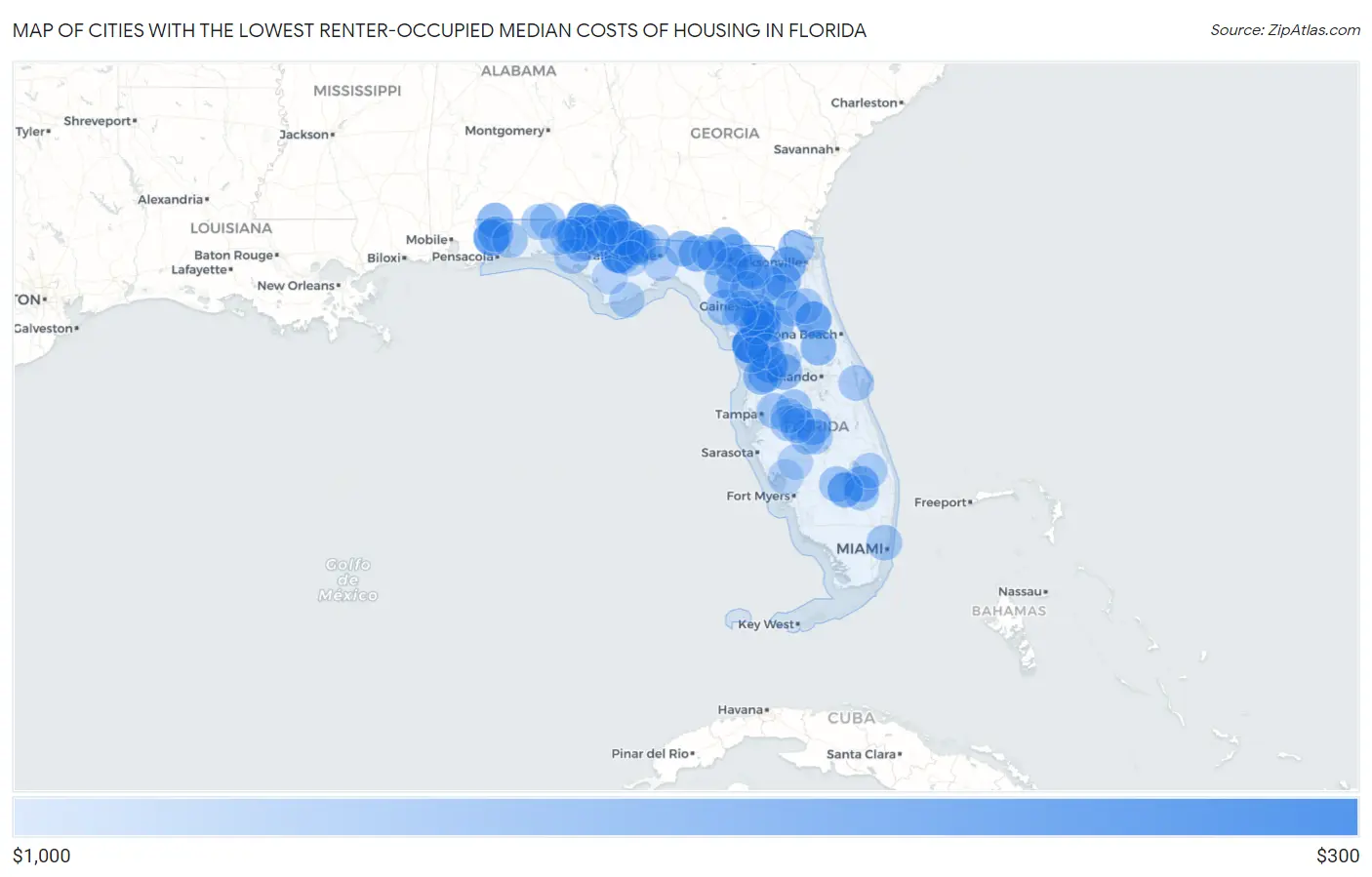 Cities with the Lowest Renter-Occupied Median Costs of Housing in Florida Map