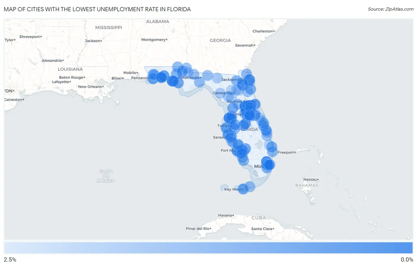 Cities with the Lowest Unemployment Rate in Florida Map