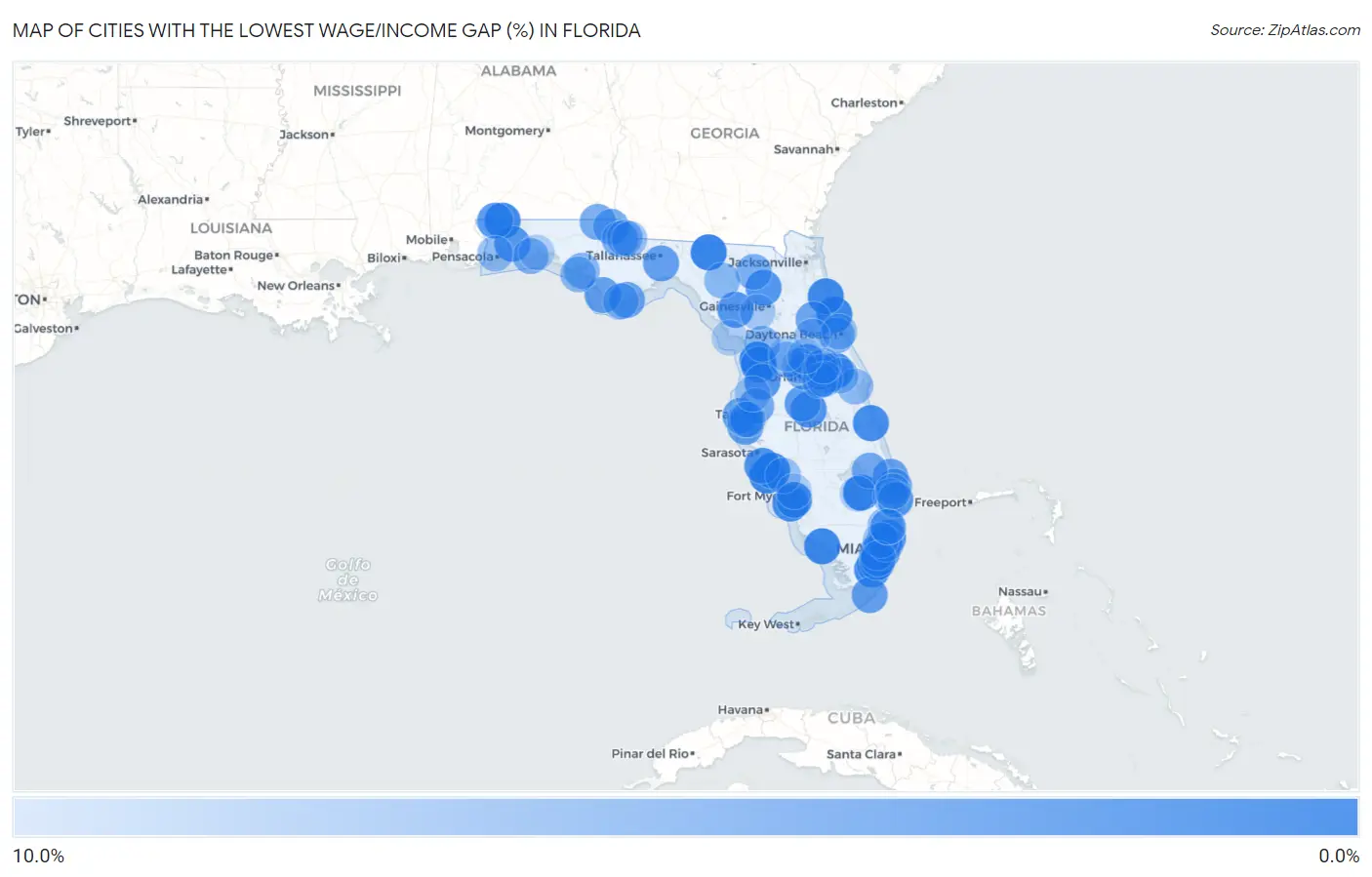 Cities with the Lowest Wage/Income Gap (%) in Florida Map