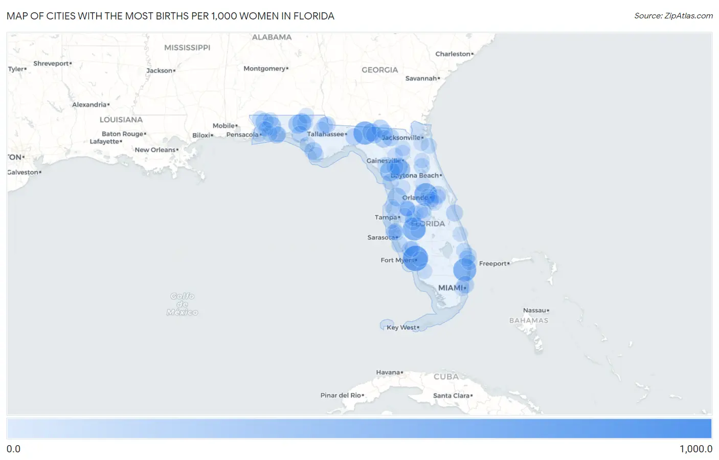 Cities with the Most Births per 1,000 Women in Florida Map
