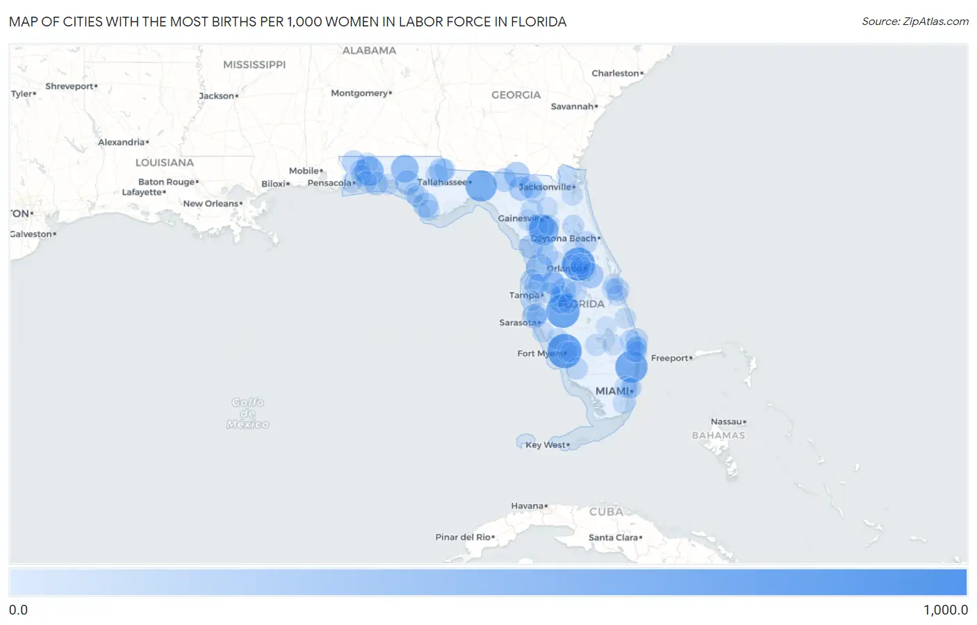 Cities with the Most Births per 1,000 Women in Labor Force in Florida Map