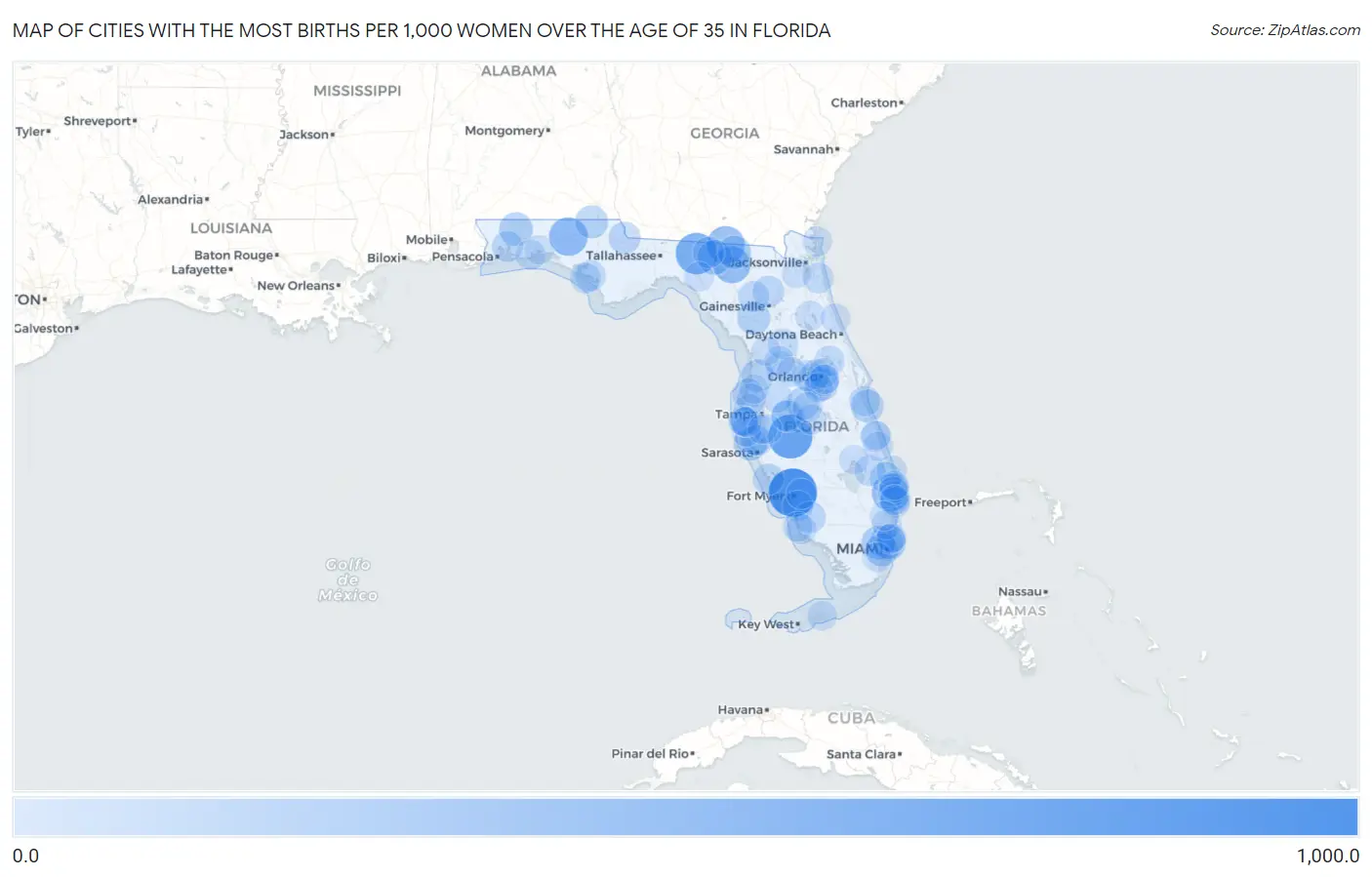 Cities with the Most Births per 1,000 Women Over the Age of 35 in Florida Map