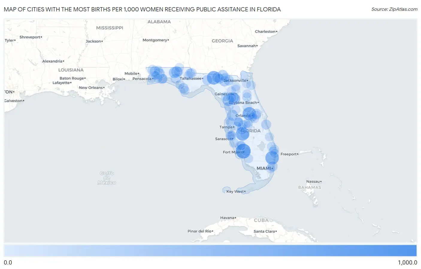 Cities with the Most Births per 1,000 Women Receiving Public Assitance in Florida Map