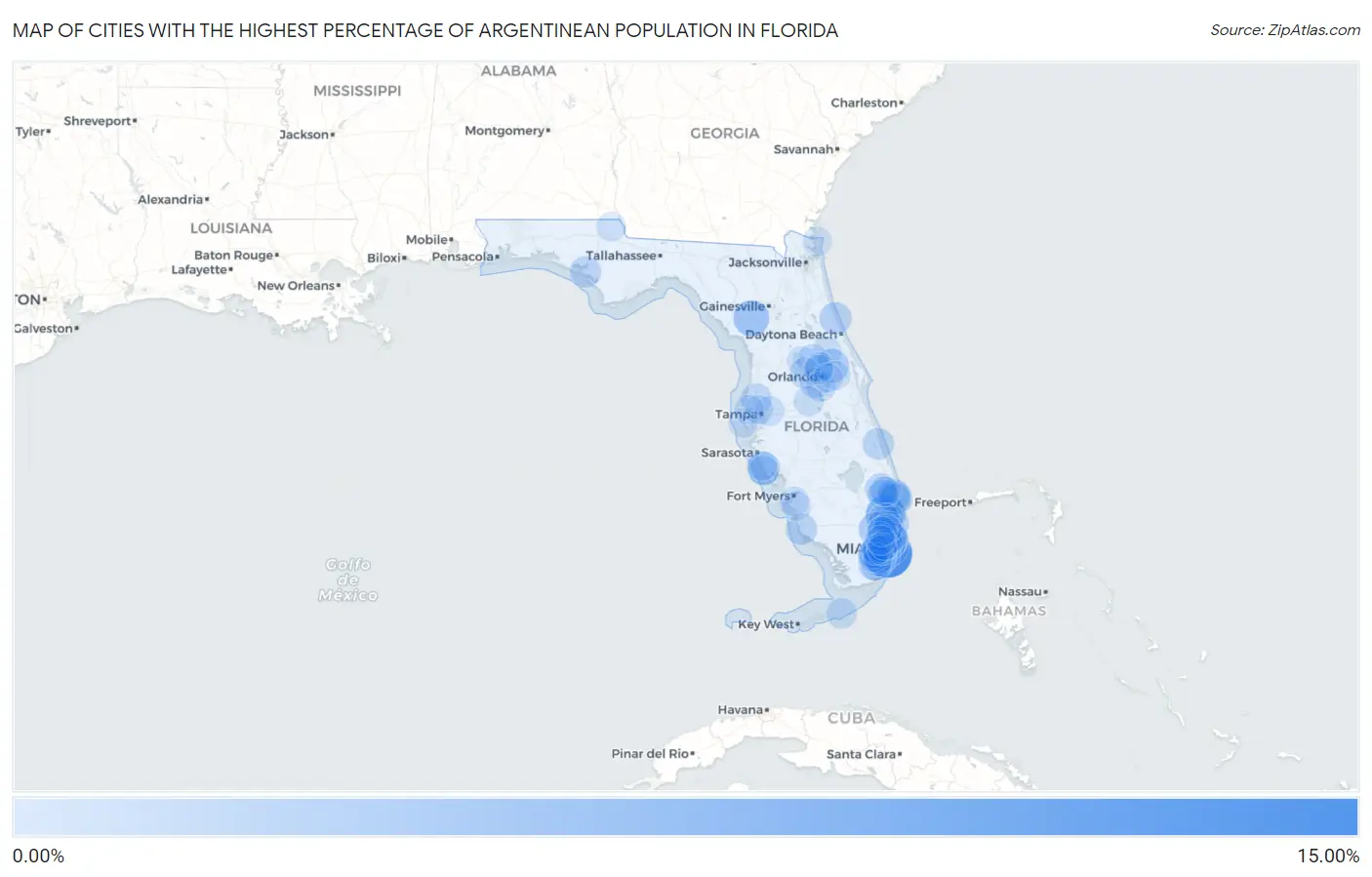 Cities with the Highest Percentage of Argentinean Population in Florida Map