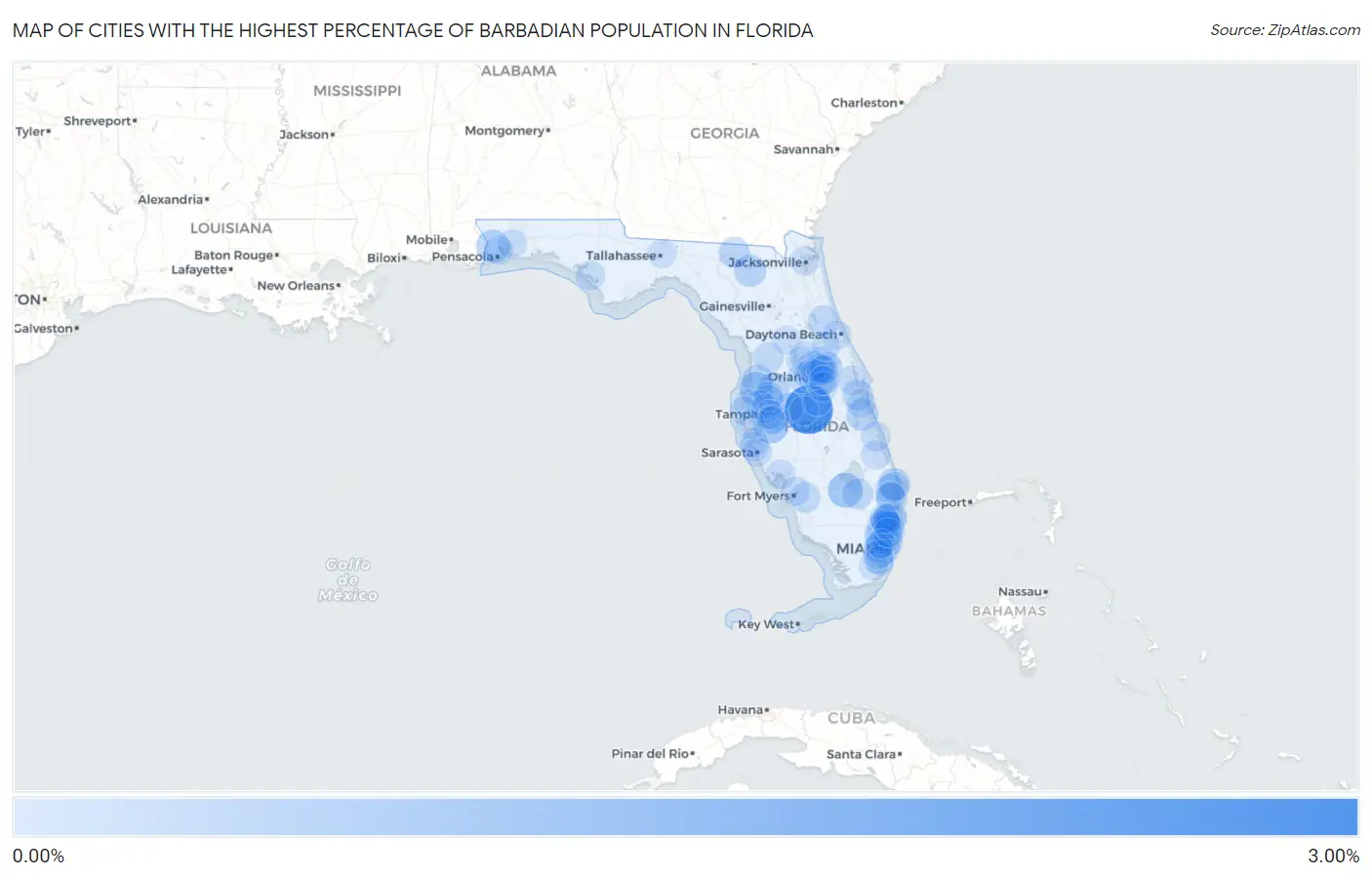 Cities with the Highest Percentage of Barbadian Population in Florida Map