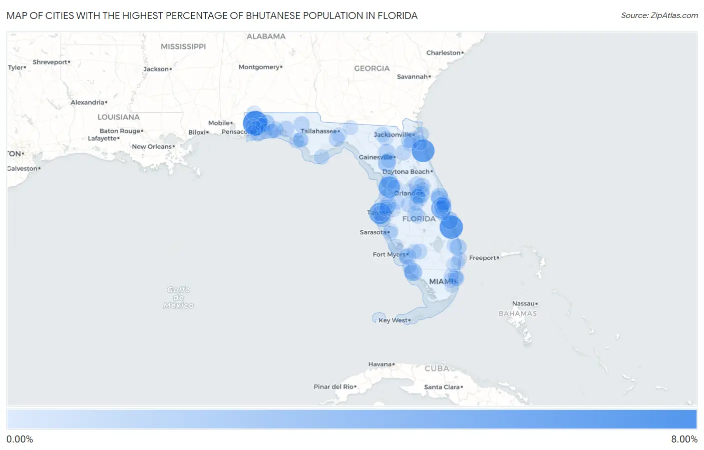 Cities with the Highest Percentage of Bhutanese Population in Florida Map