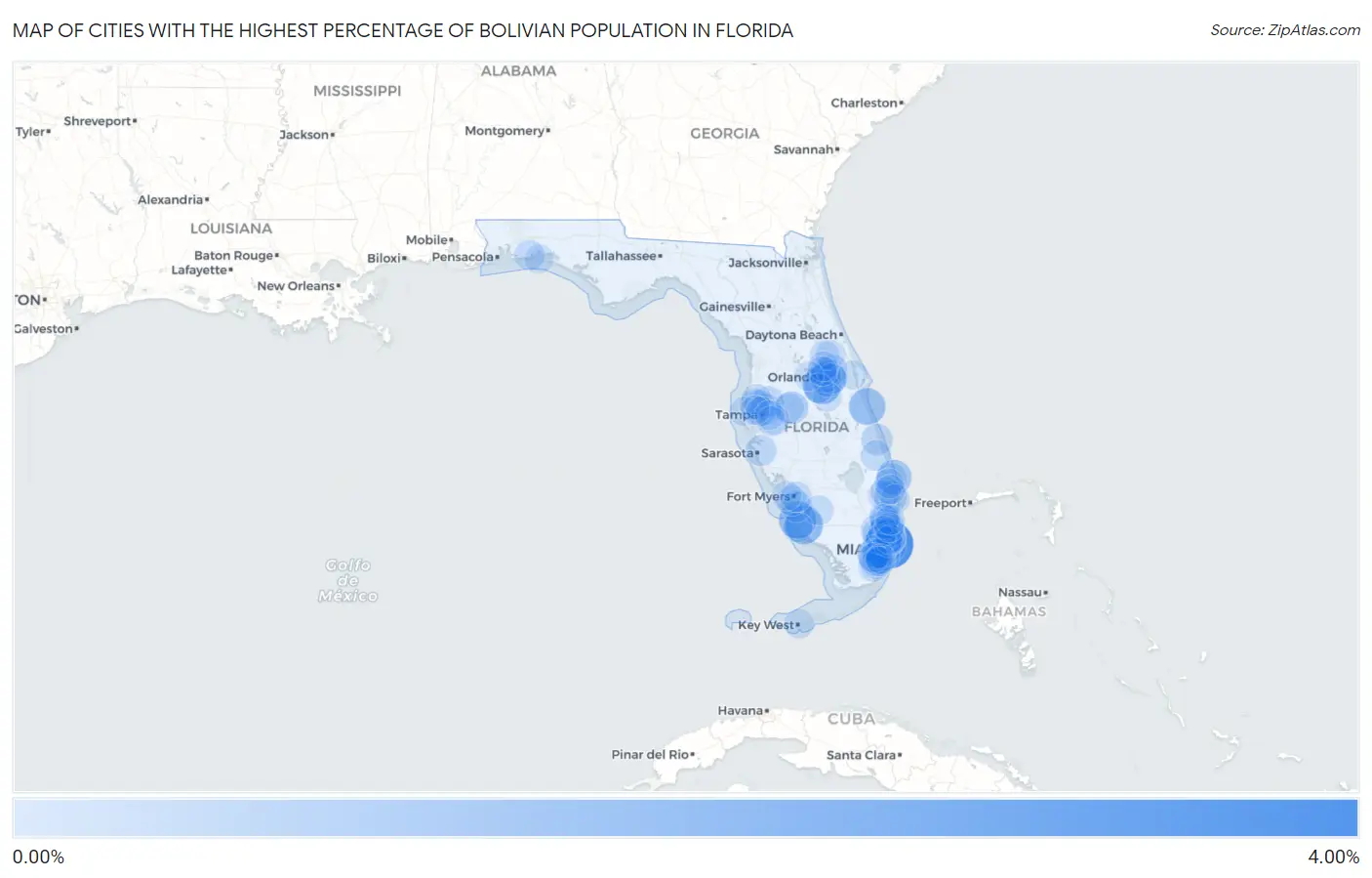 Cities with the Highest Percentage of Bolivian Population in Florida Map