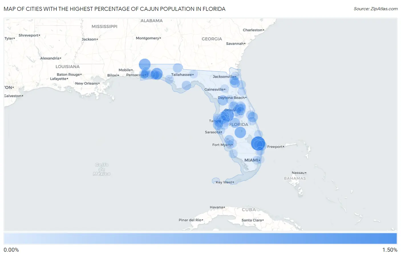 Cities with the Highest Percentage of Cajun Population in Florida Map