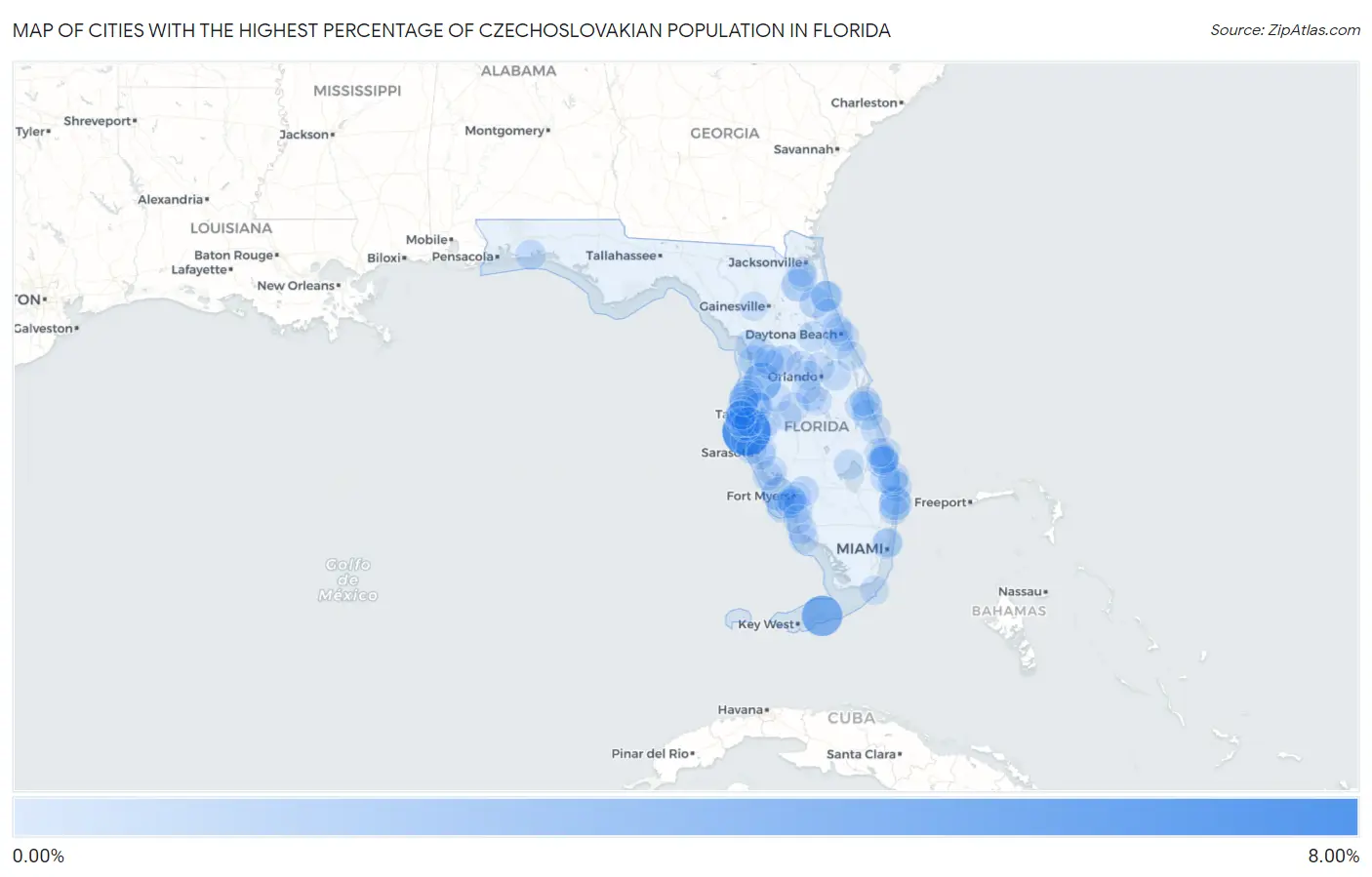 Cities with the Highest Percentage of Czechoslovakian Population in Florida Map