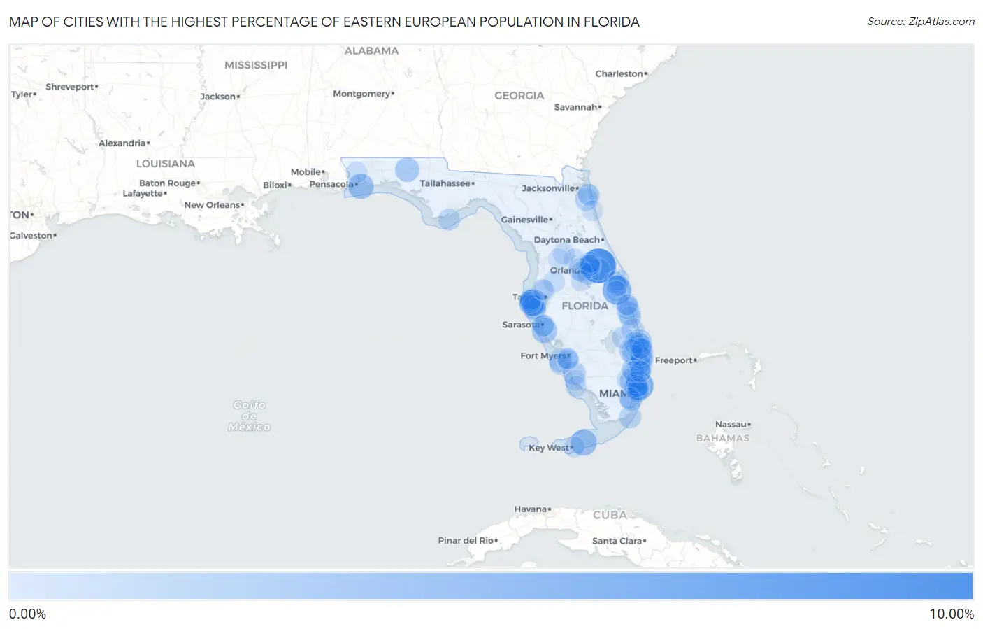 Cities with the Highest Percentage of Eastern European Population in Florida Map