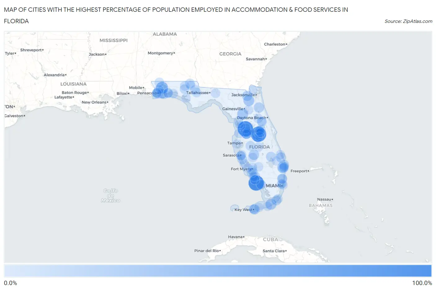 Cities with the Highest Percentage of Population Employed in Accommodation & Food Services in Florida Map