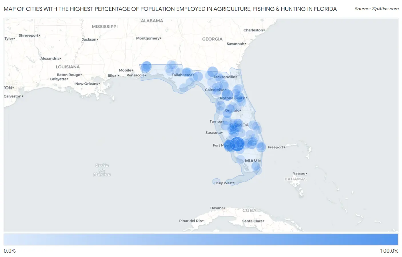 Cities with the Highest Percentage of Population Employed in Agriculture, Fishing & Hunting in Florida Map