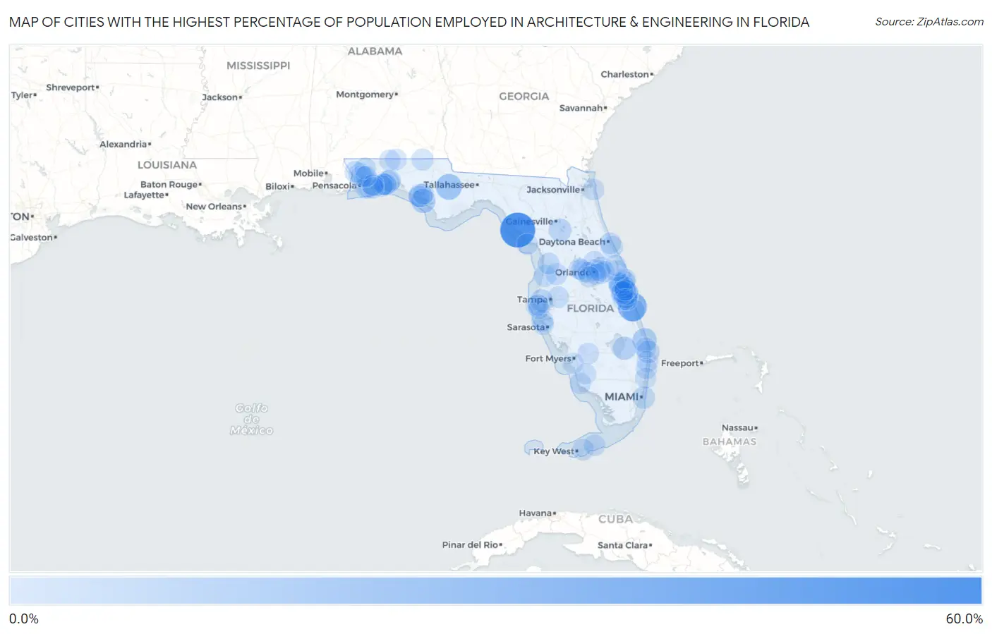 Cities with the Highest Percentage of Population Employed in Architecture & Engineering in Florida Map
