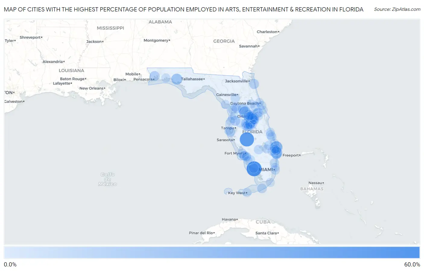 Cities with the Highest Percentage of Population Employed in Arts, Entertainment & Recreation in Florida Map