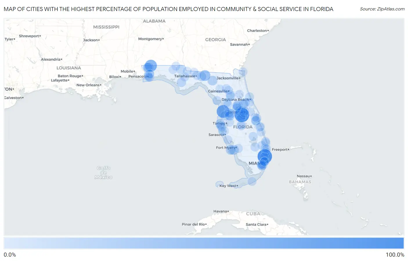 Cities with the Highest Percentage of Population Employed in Community & Social Service  in Florida Map