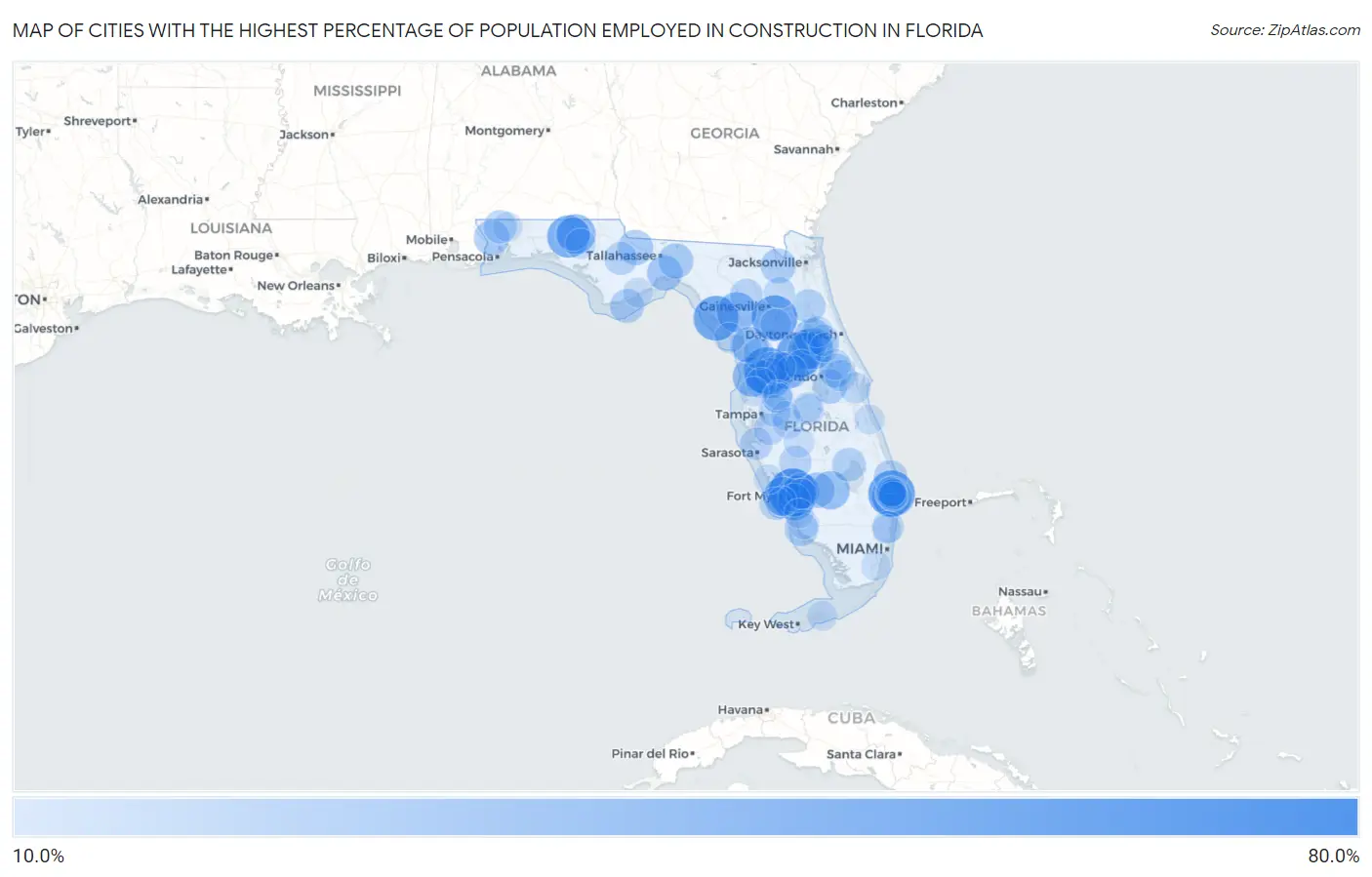 Cities with the Highest Percentage of Population Employed in Construction in Florida Map