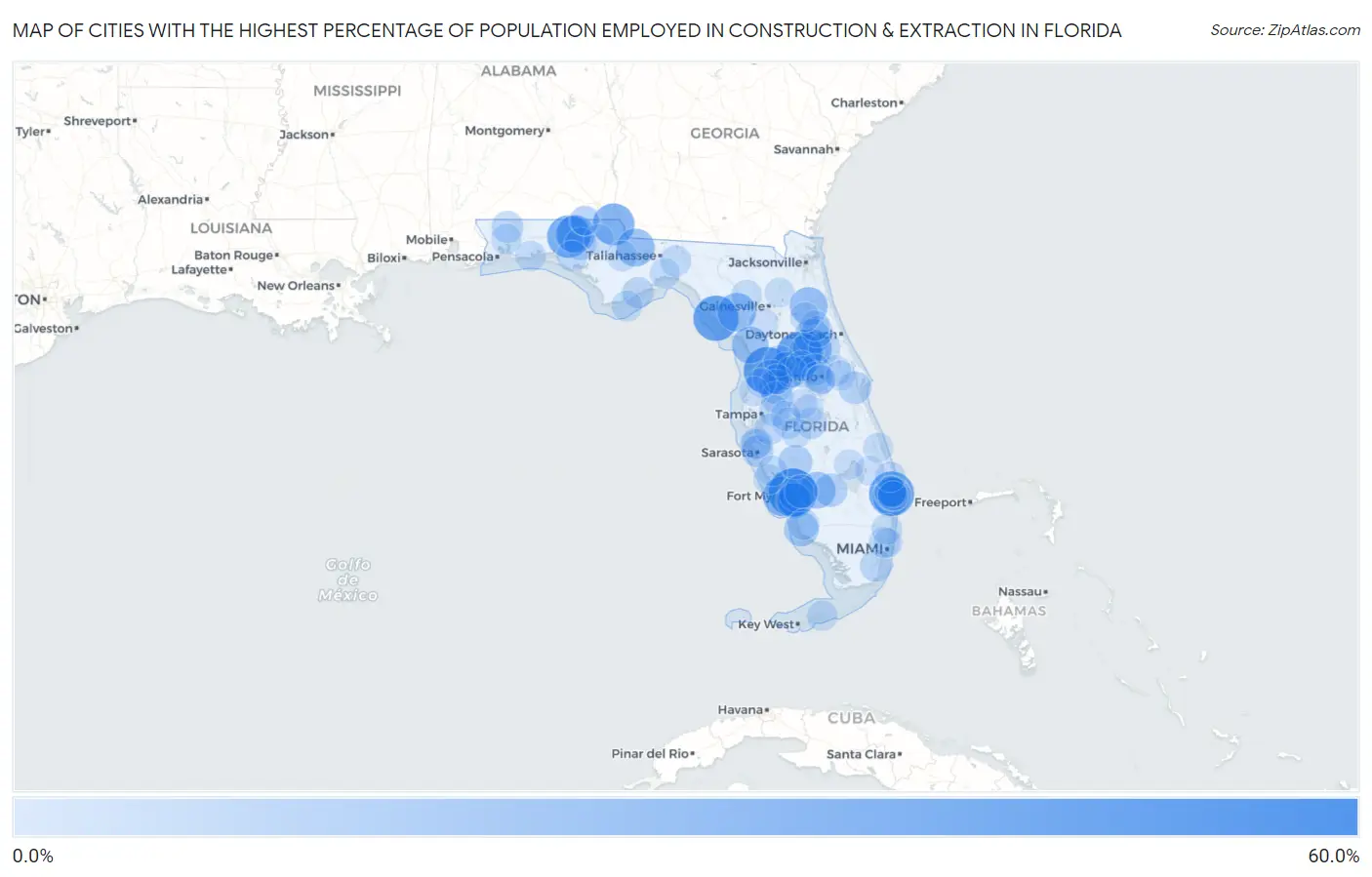 Cities with the Highest Percentage of Population Employed in Construction & Extraction in Florida Map