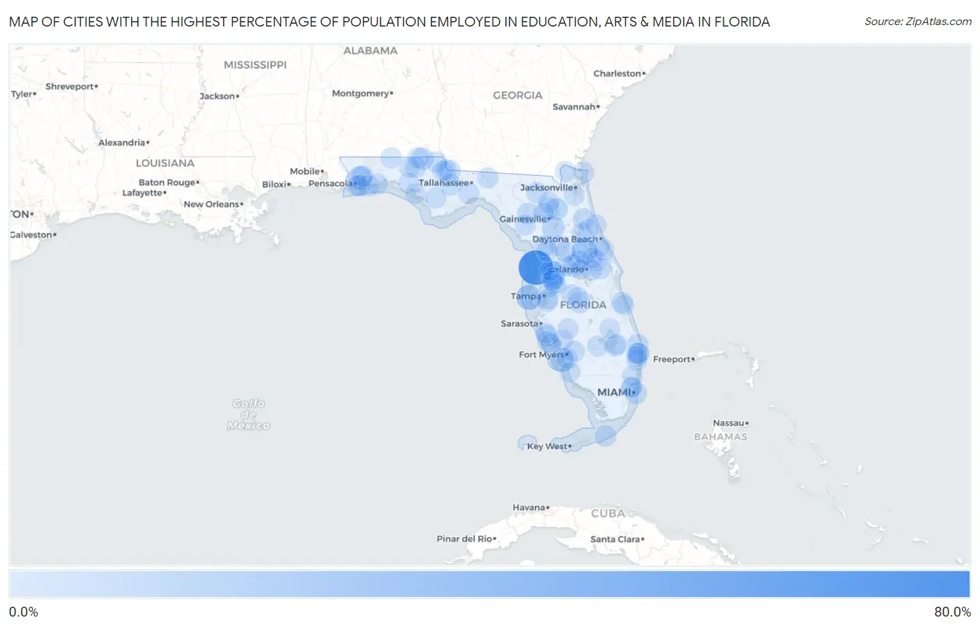Cities with the Highest Percentage of Population Employed in Education, Arts & Media in Florida Map