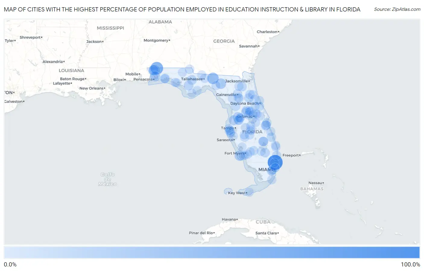 Cities with the Highest Percentage of Population Employed in Education Instruction & Library in Florida Map